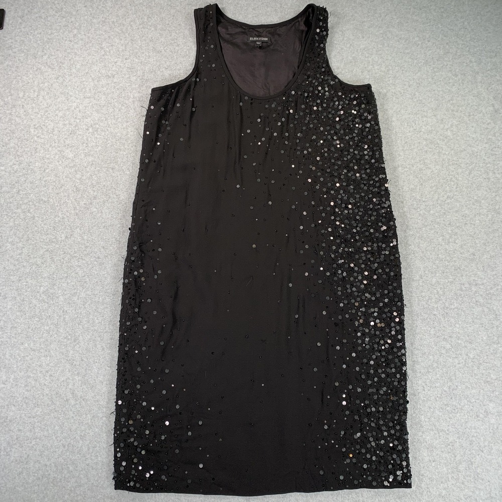 Eileen Fisher Dress Womens Small Black Sequin Tank Shift Scoop Neck Lined Party